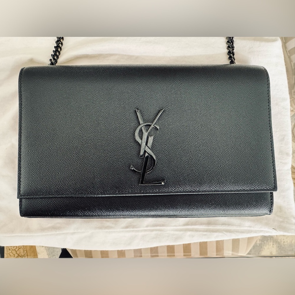 Saint Laurent Black Grained Leather YSL Flap Shoulder Bag